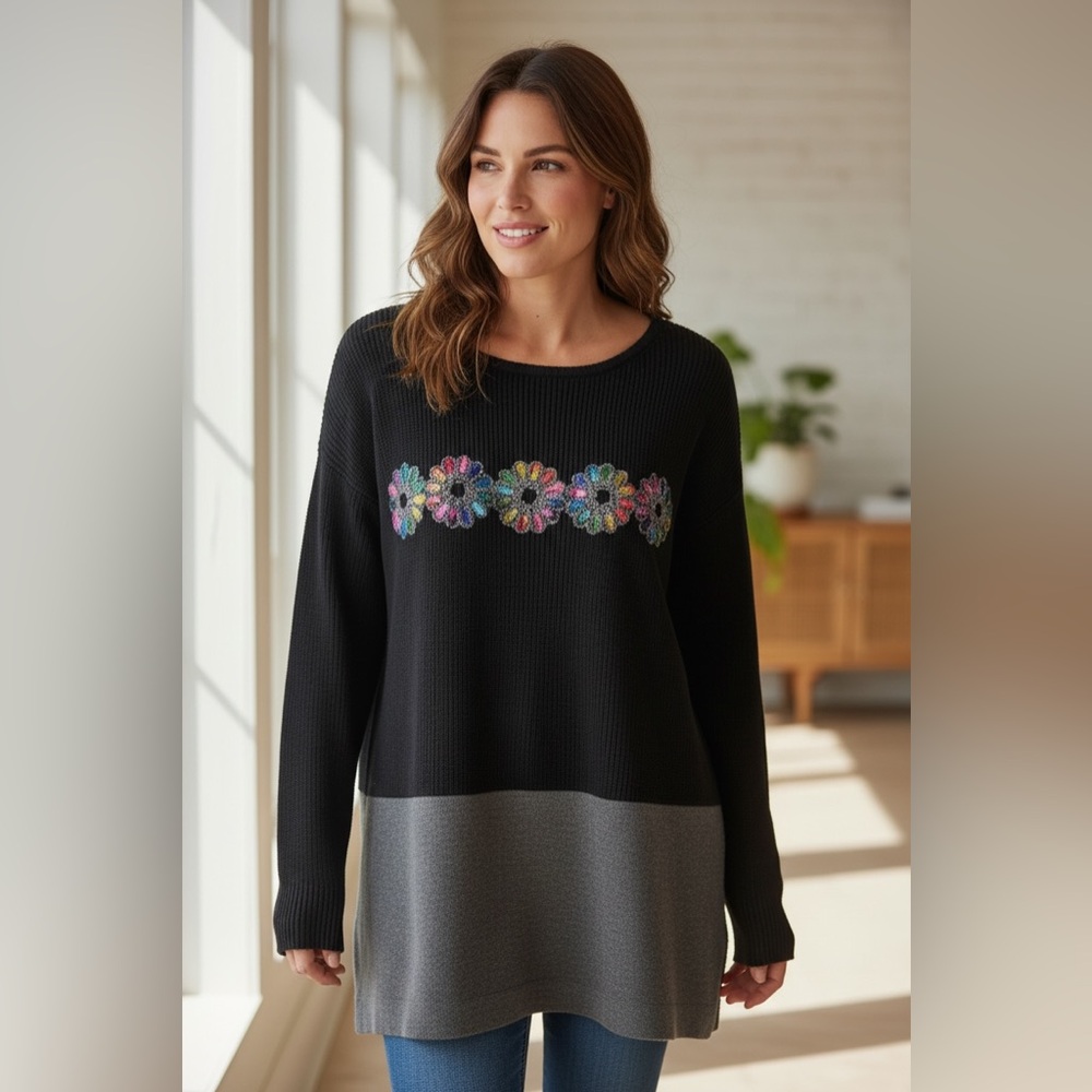 Floral Embroidered Black and Gray Sweater - Picture 2 of 5